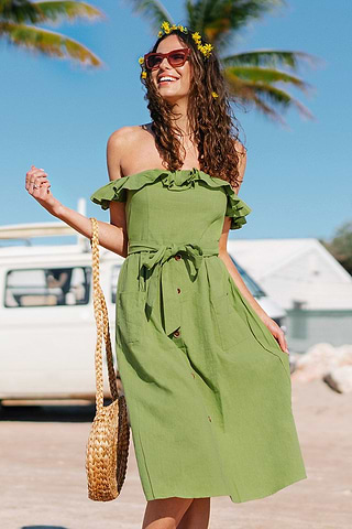Alejandra Green Off Shoulder Ruffle Tea Length Dress