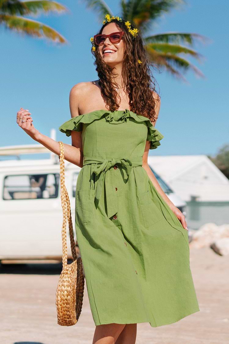 Alejandra Green Off Shoulder Ruffle Tea Length Dress