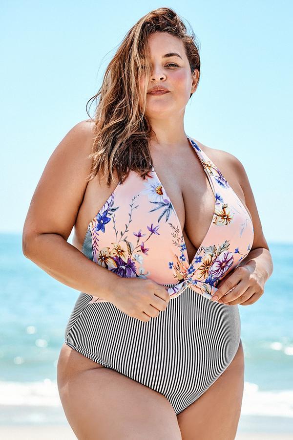 Maillot de bain une-pièce grande taille col V imprimé floral