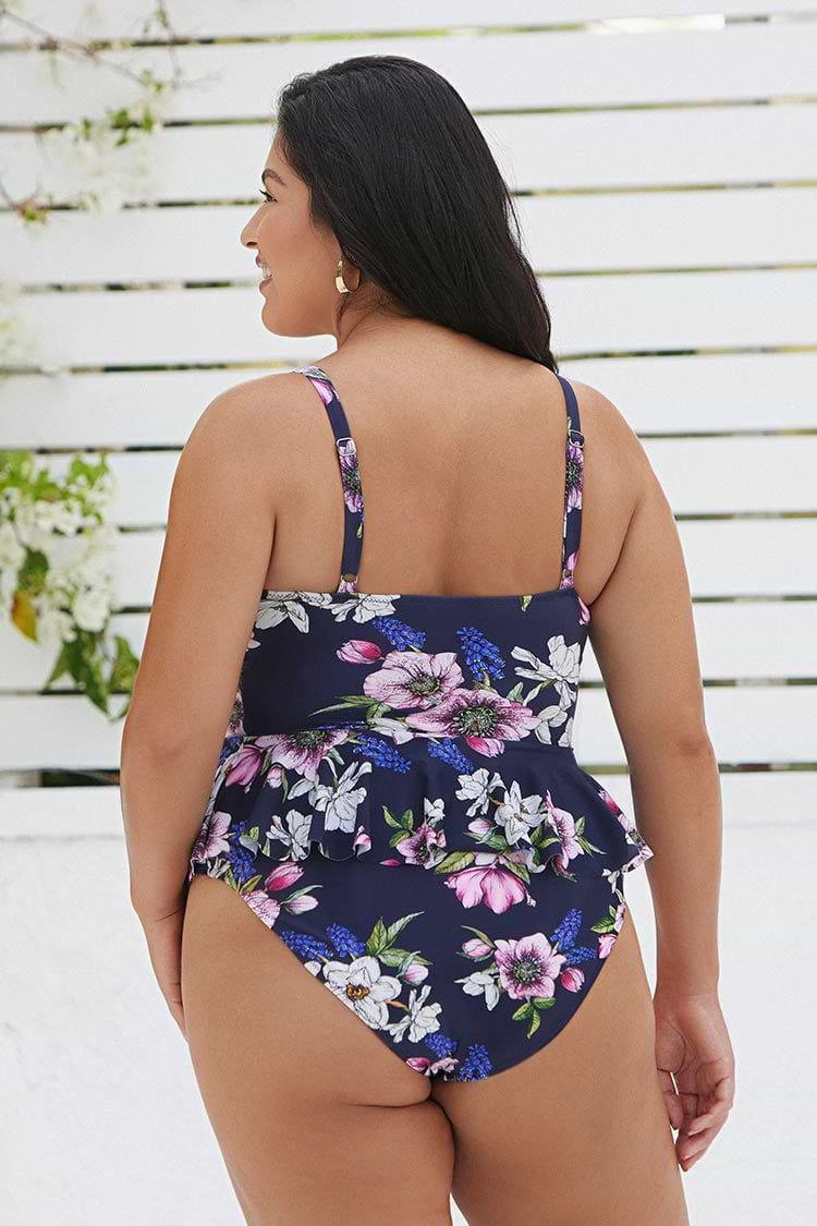 Maillot de bain une pièce grande taille à volants bleu marine imprimé floral