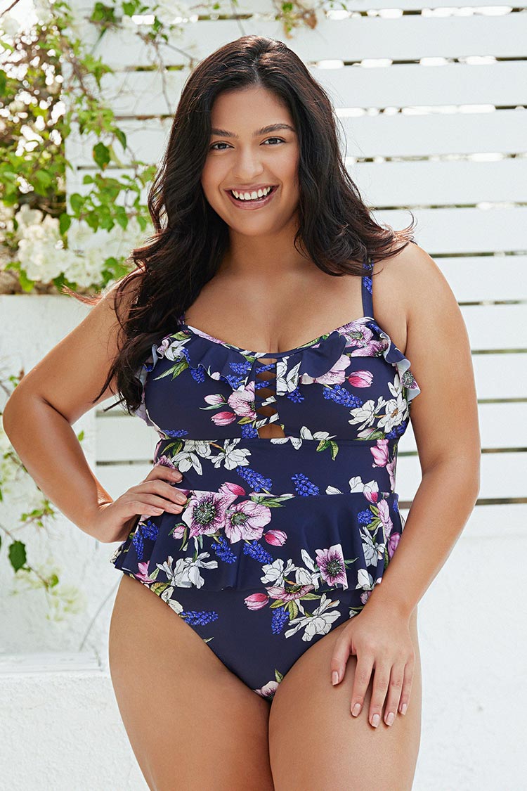 Maillot de bain une pièce grande taille à volants bleu marine imprimé floral