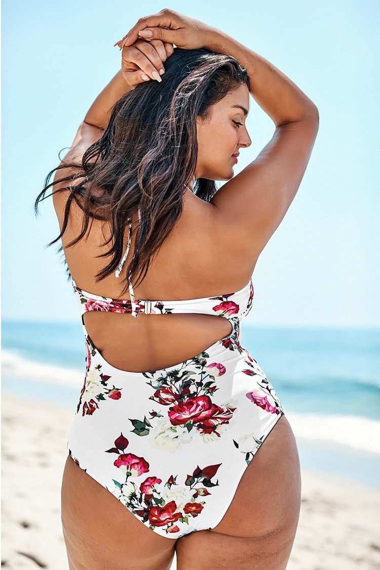 Maillot de bain une-pièce grande taille floral à col en V