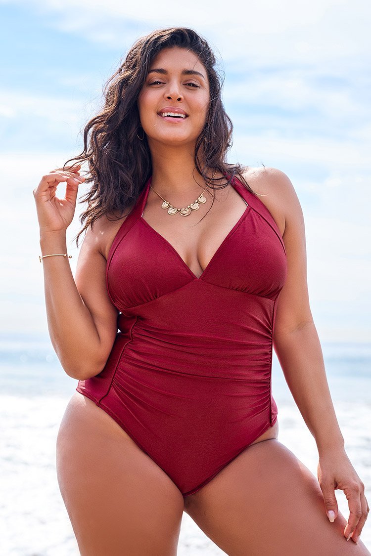 Maillot de bain une pièce grande taille à halter rouge
