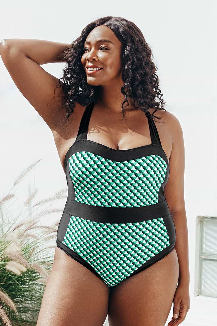 Maillot de bain une pièce grande taille licou imprimé géométrique