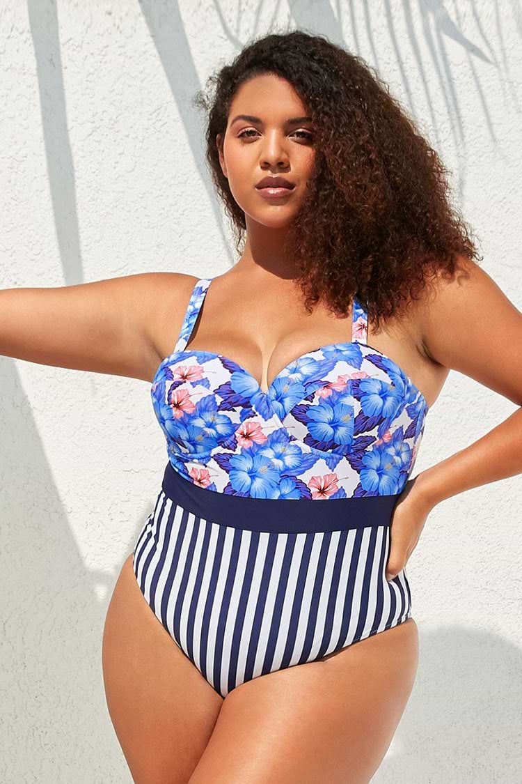 Maillot de bain une pièce grande taille imprimé floral et rayé