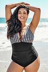 Maillot de bain une-pièce grande taille froncé vichy noir et blanc