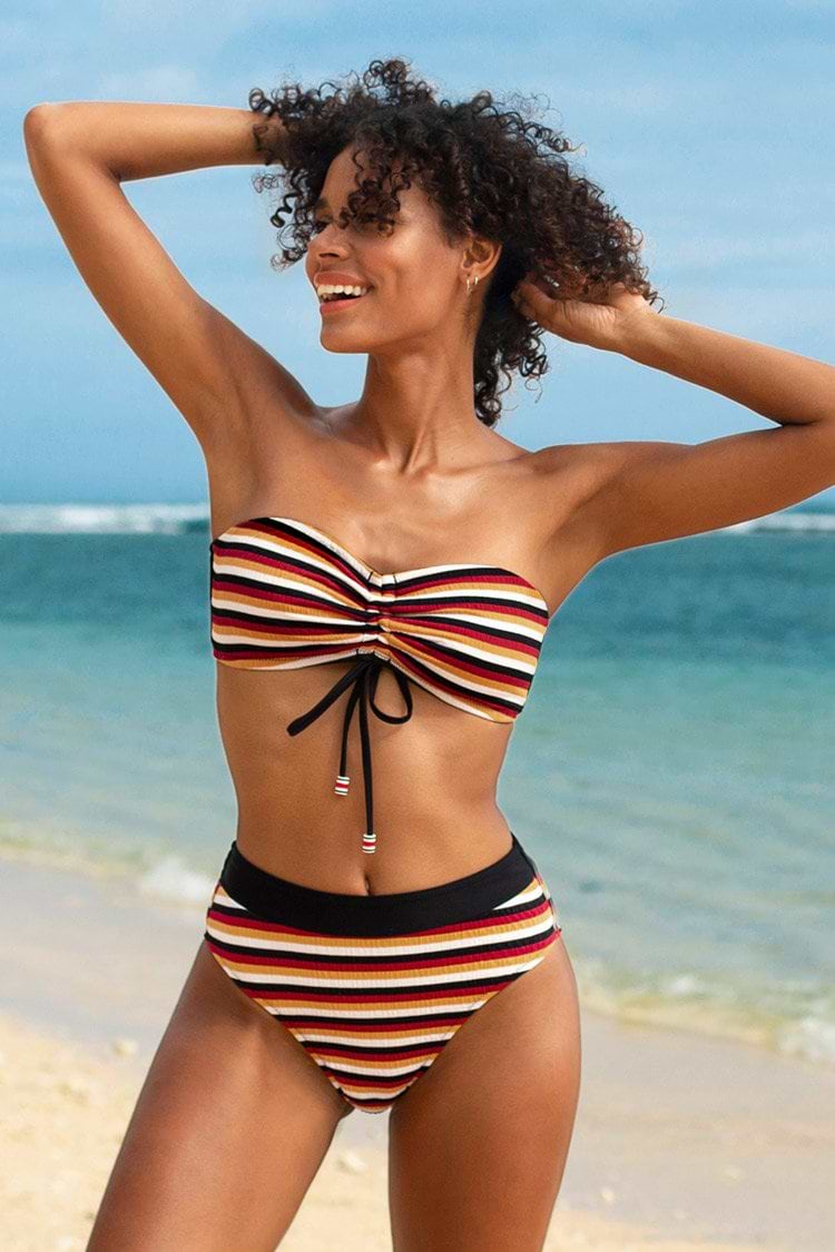 Bikini bandeau rayé à cordon de serrage