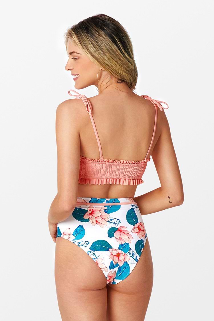 Bikini bandeau floral à smocks