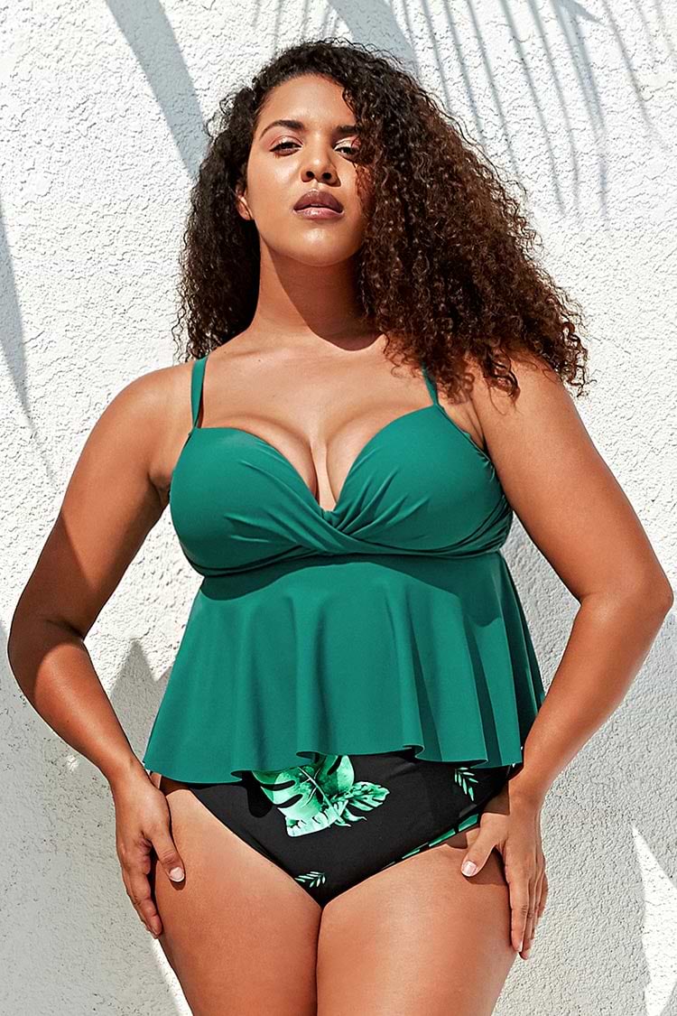 Tankini grande taille torsadé vert sarcelle imprimé feuilles