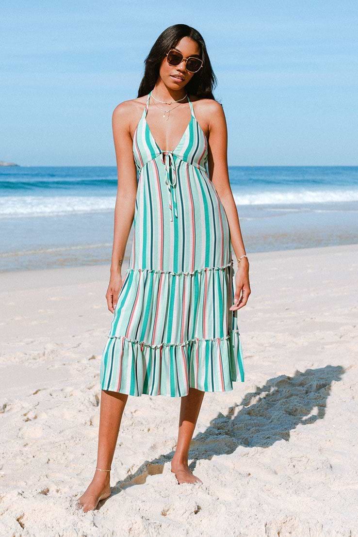 Alondra Stripe Frill Halter Neck Elastic Waisted Slip Dress