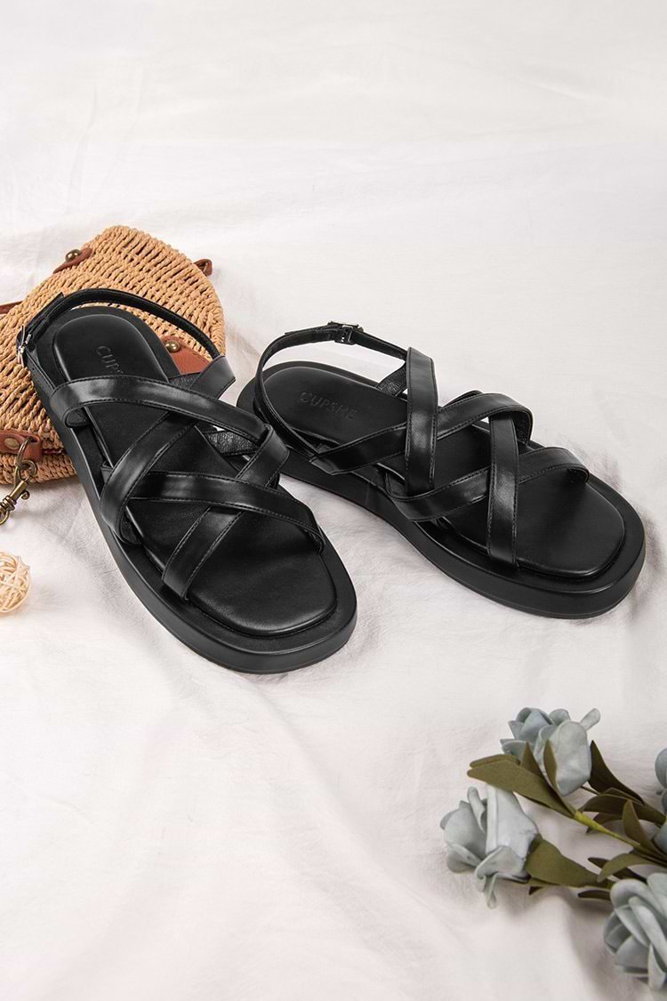 Vineyards Black Crisscross Strap Ankle Buckle Slide Sandals