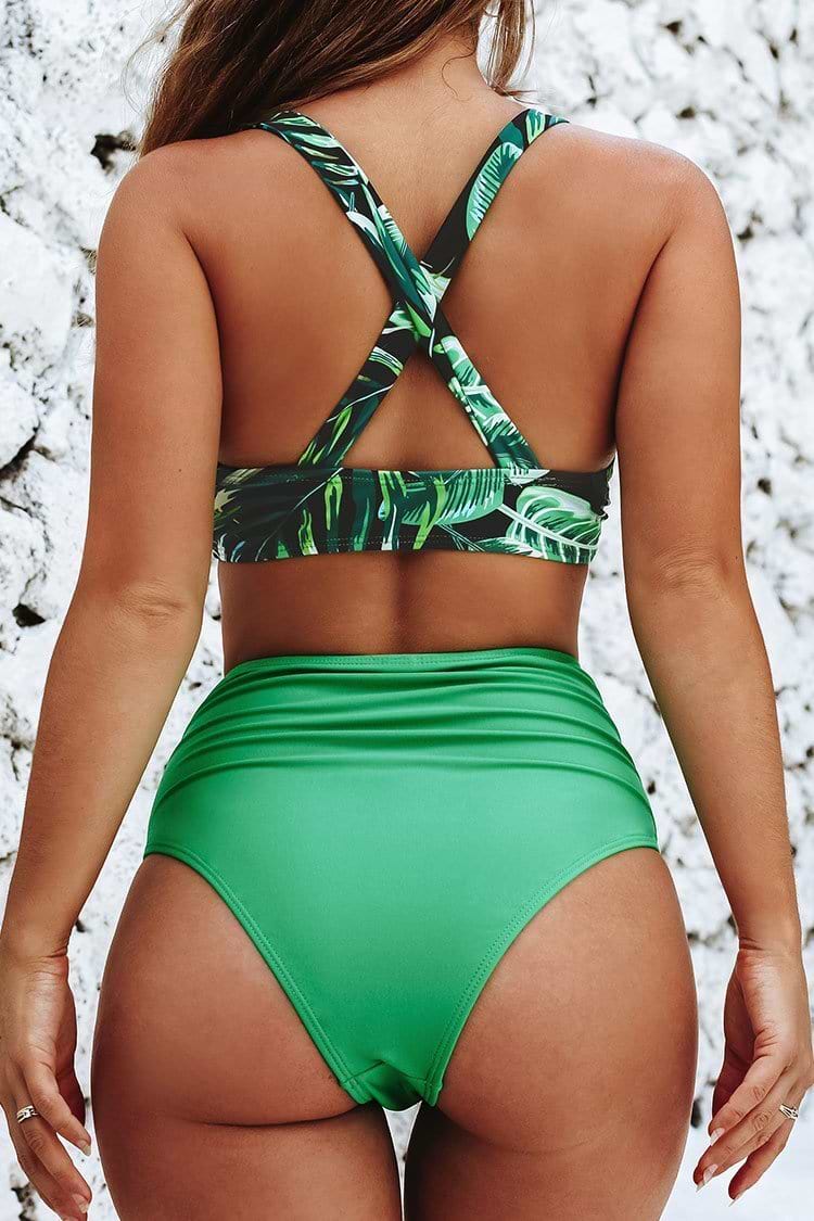Green Leafy Lace Up High Waisted Bikini