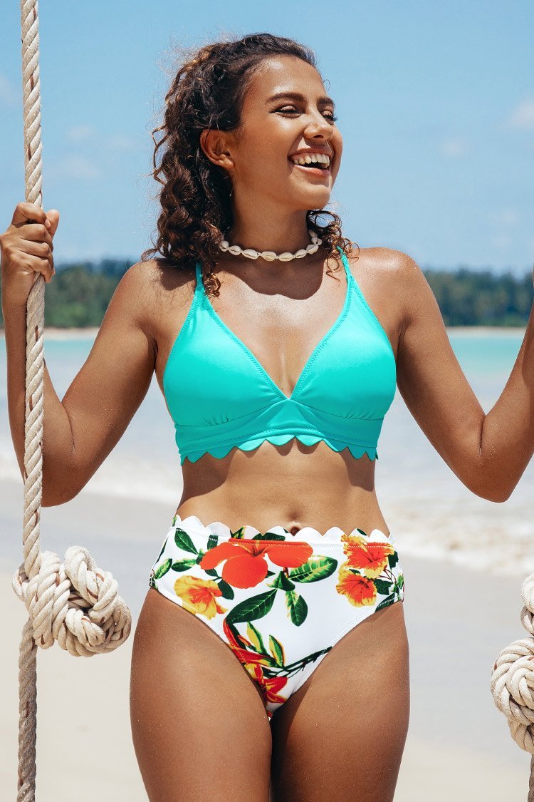 Mint and Floral Scalloped Bikini