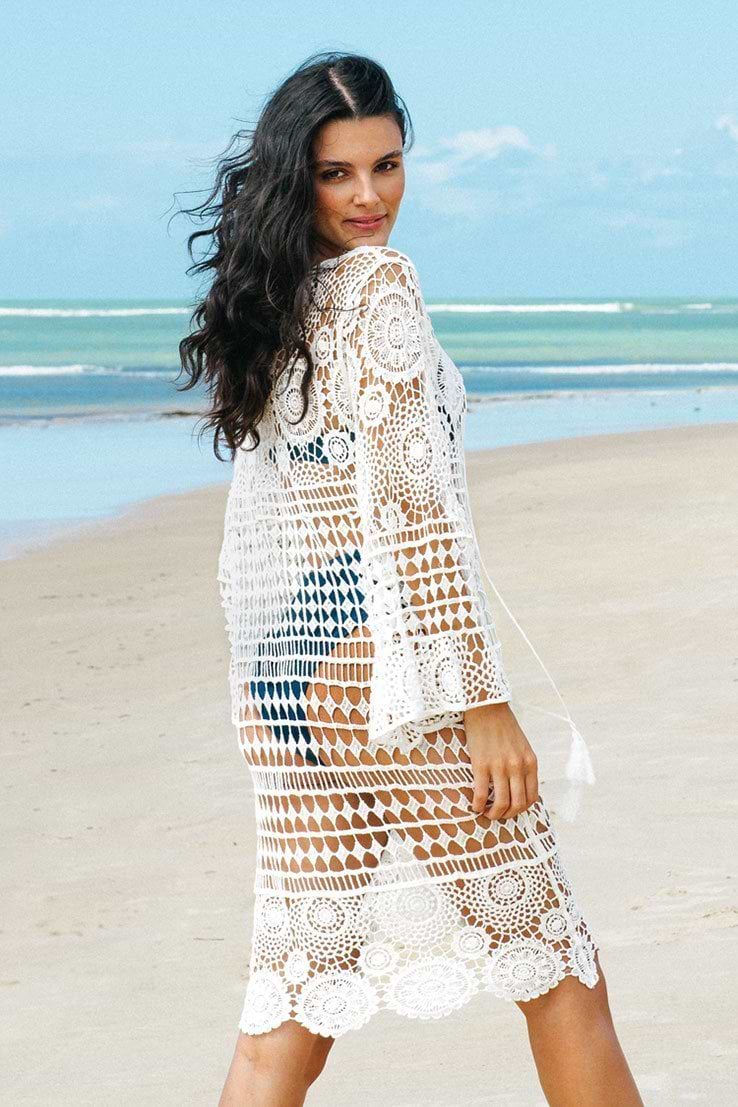 Lailah White Lace Up Bell Sleeve Tassel Cover Up