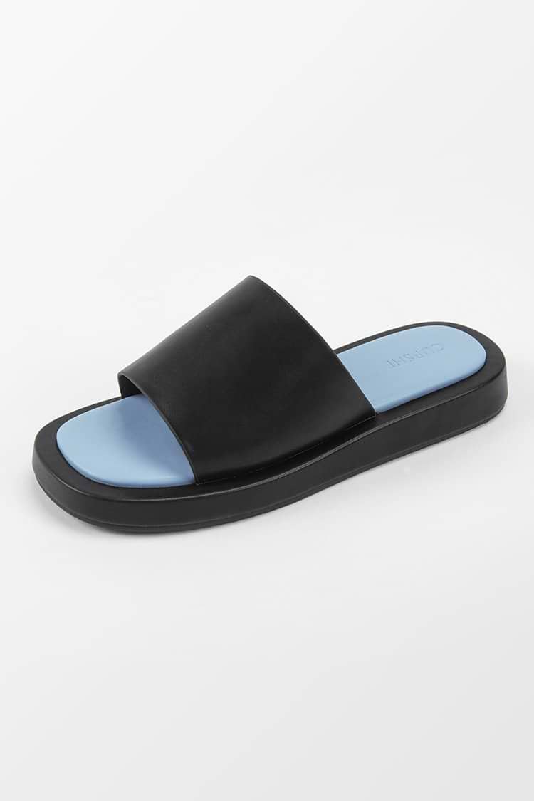 Coffee Run Black Wide Band Slide Sandals