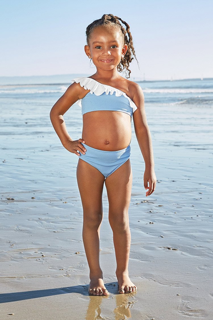 Sarai Blue One Shoulder Ruffle Bikini For Toddler Girls And Girls