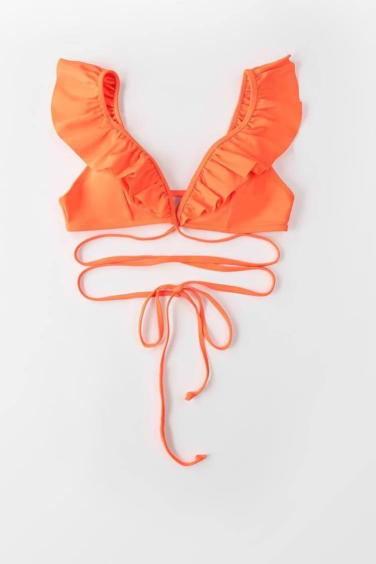 Neon Orange Ruffle Shoulder Bikini Top