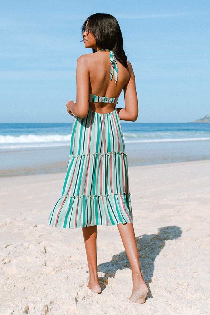 Alondra Stripe Frill Halter Neck Elastic Waisted Slip Dress