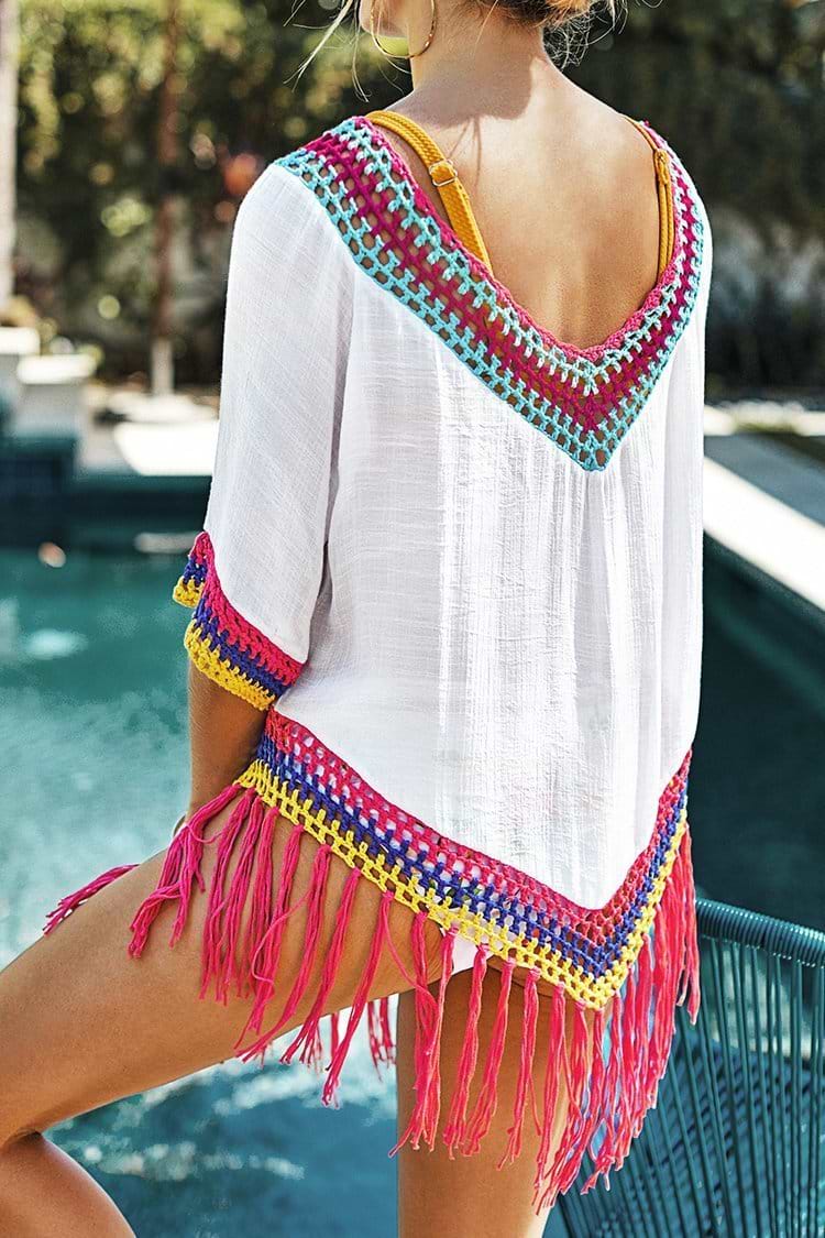 White Cover Up with Rainbow Crochet Trim