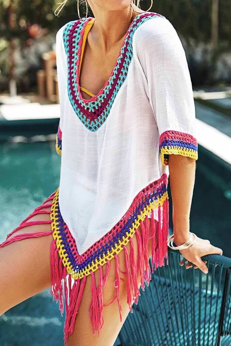 White Cover Up with Rainbow Crochet Trim
