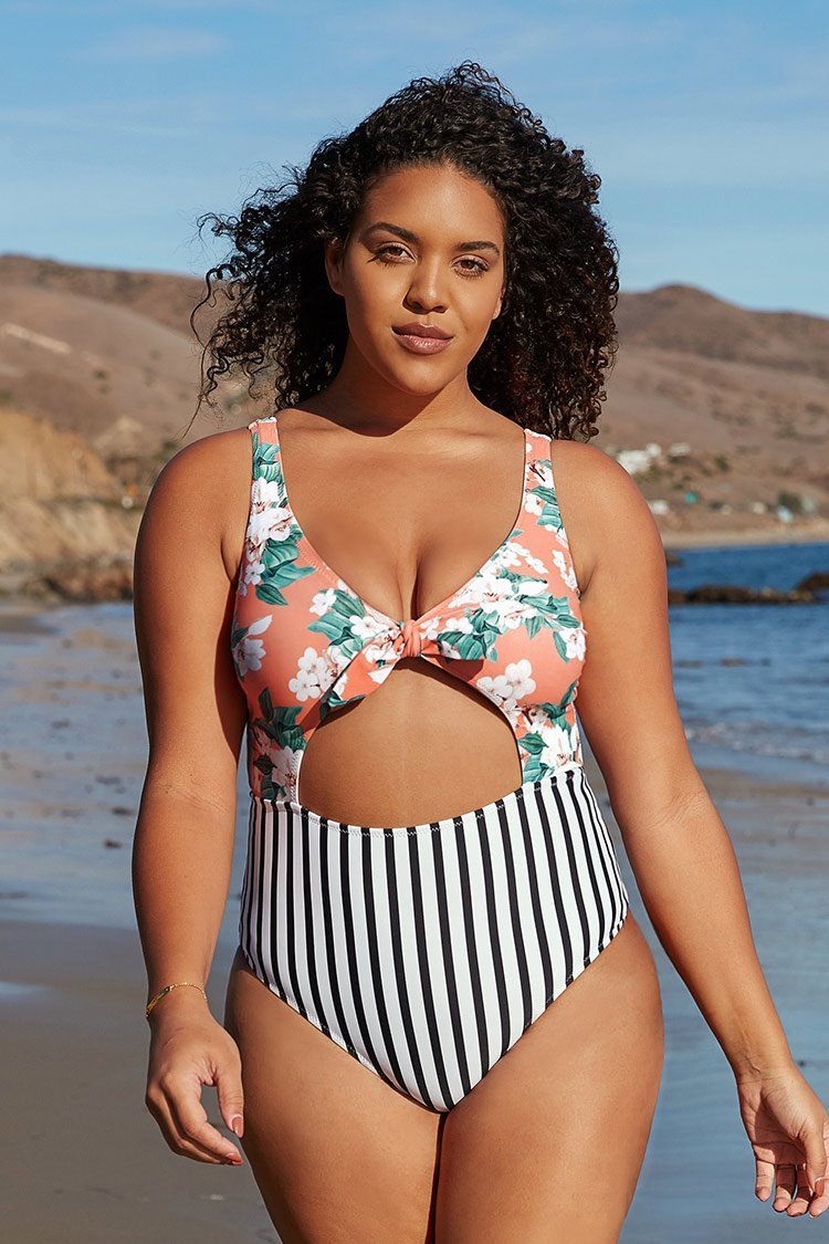 Floral and Striped Cutout Knotted Plus Size One Piece Swimsuit