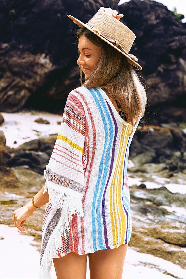Colorful Vertical Stripes Square Cover Up with Tassels