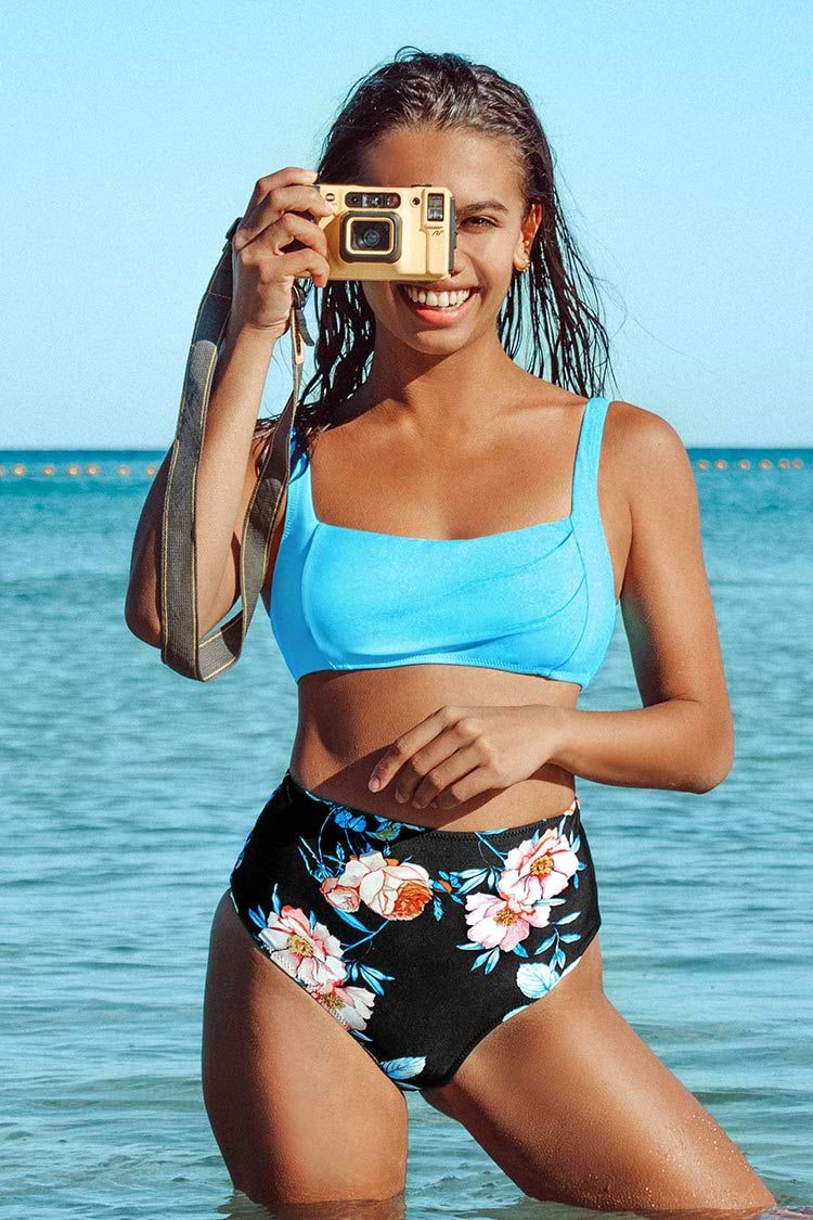 Bikini taille haute bleu imprimé floral