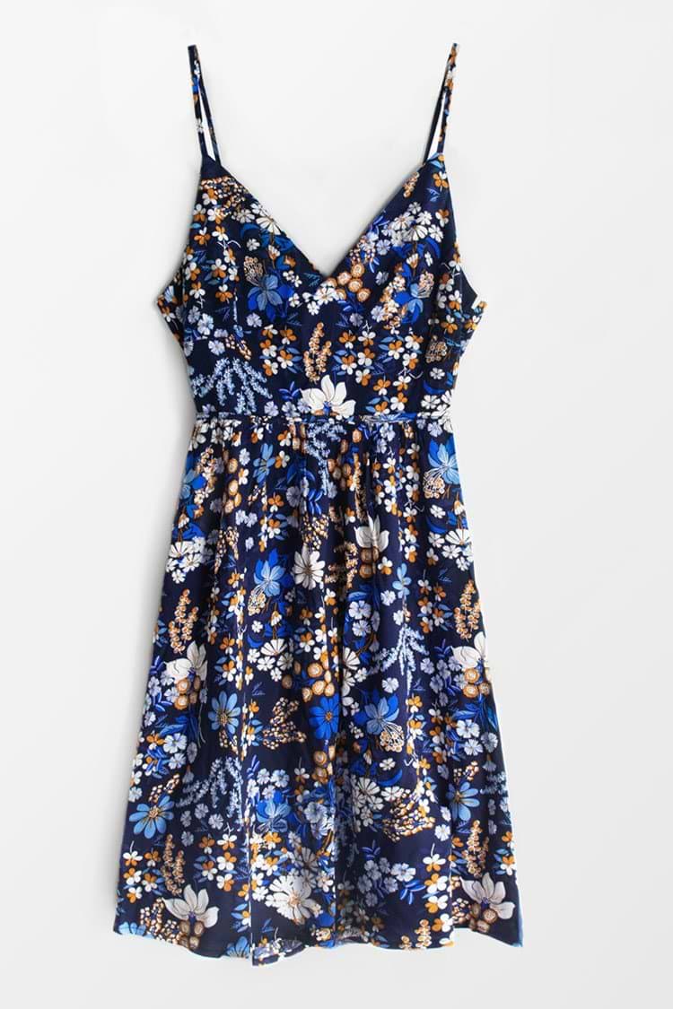 Robe bleue imprimé floral à col en V et nœud