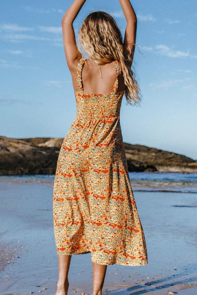 Robe longue à smocks avec nœud