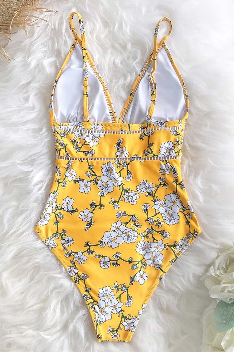 Maillot de bain une pièce imprimé fleurs de poires jaunes