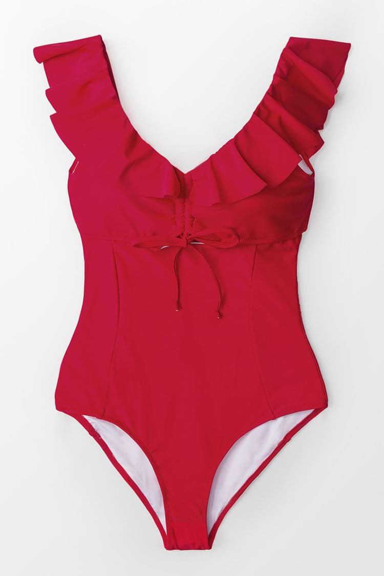 Maillot de bain une pièce à volants rouge rubis