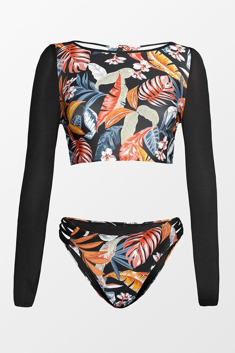 Tankini à manches longues avec nœuds dans le dos et à tropical