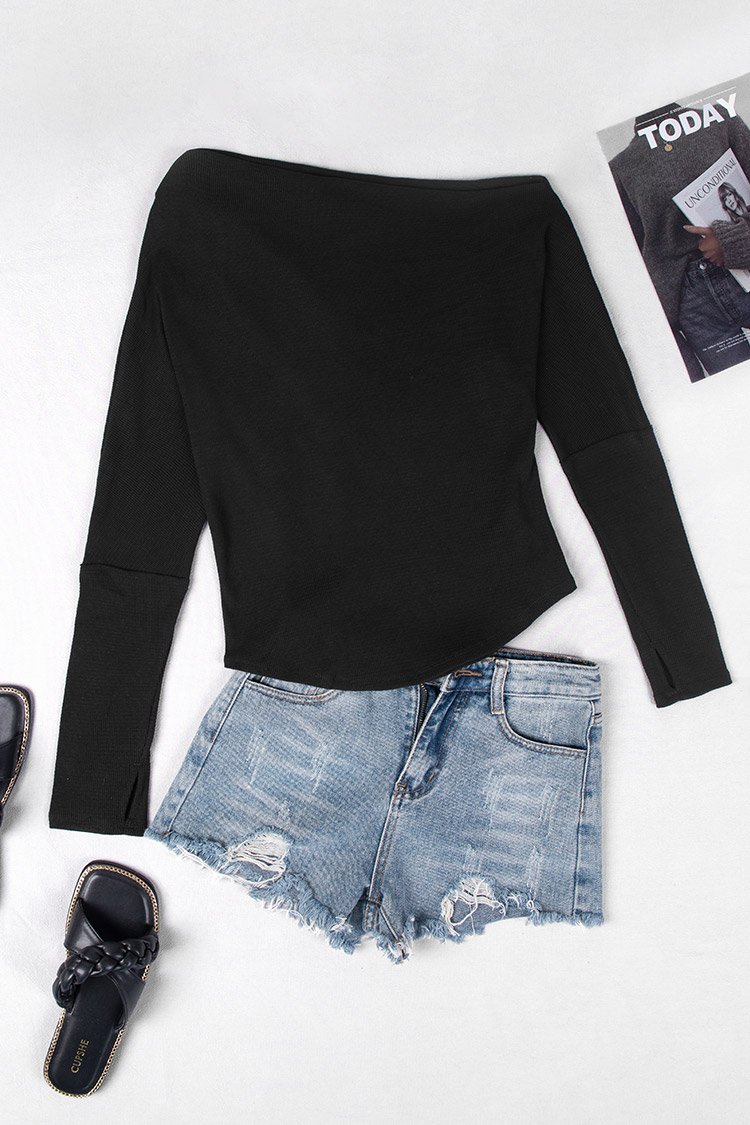 Schulterfreies Langarm-Sweatshirt in Schwarz