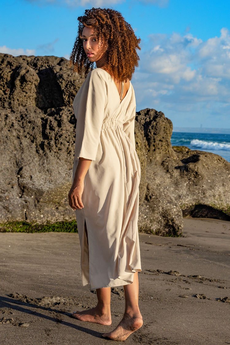 Elfenbein Shirred Midi Kleid