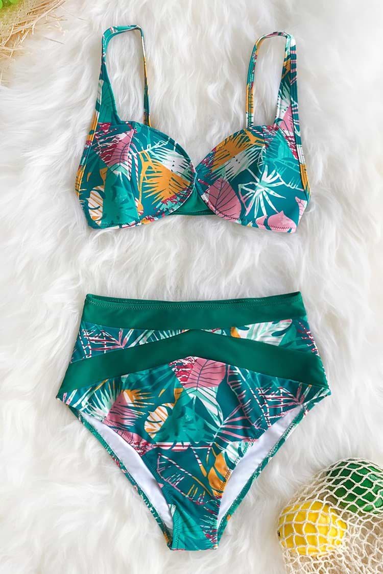 Retro Bikini mit Palmendruck und High-Waist