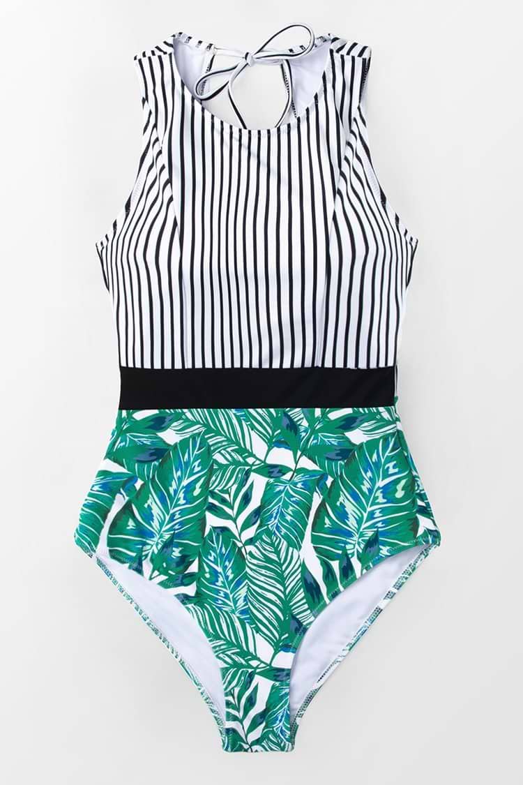 Schwarz Streifen und Blätter Badeanzug