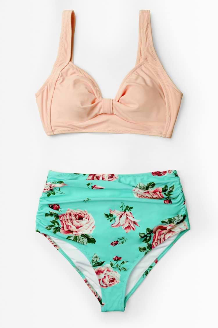 Bikini Taille Haute à Floral Pêceh et Tiffany Bleu