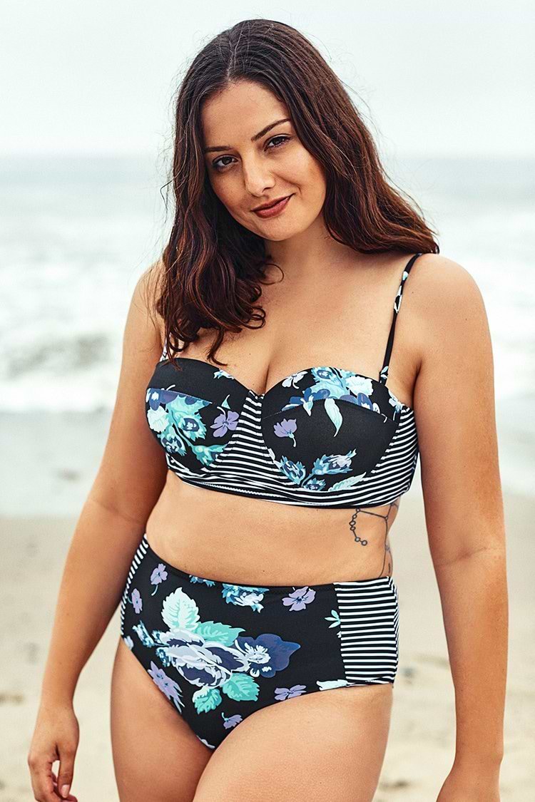 Blauer Blumendruck Push Up Große Größen Bikini
