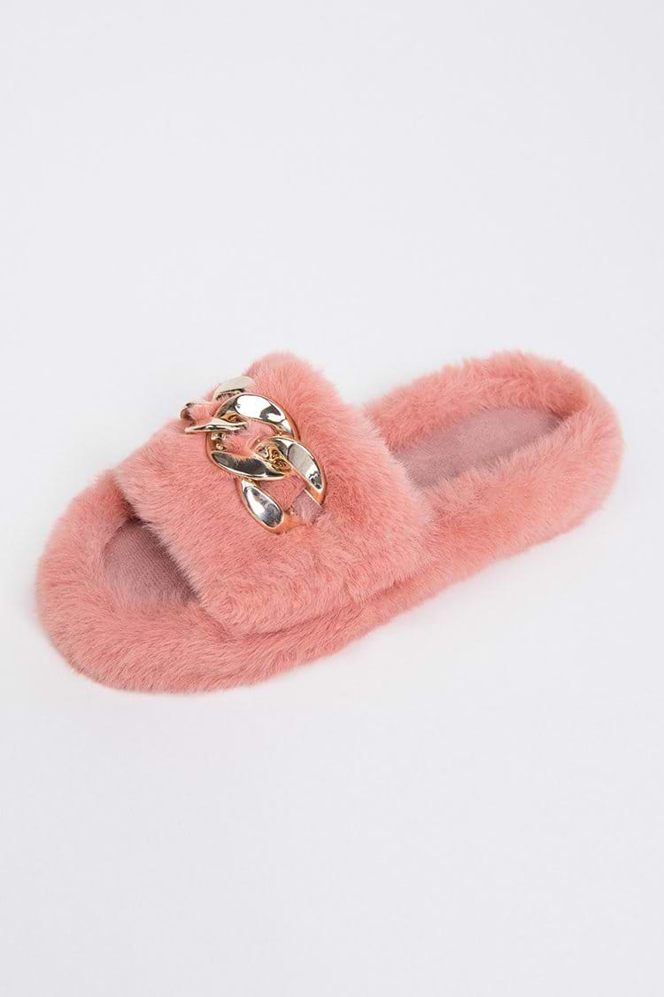 Flauschige Hausschuhe mit Kettendekor in Orange