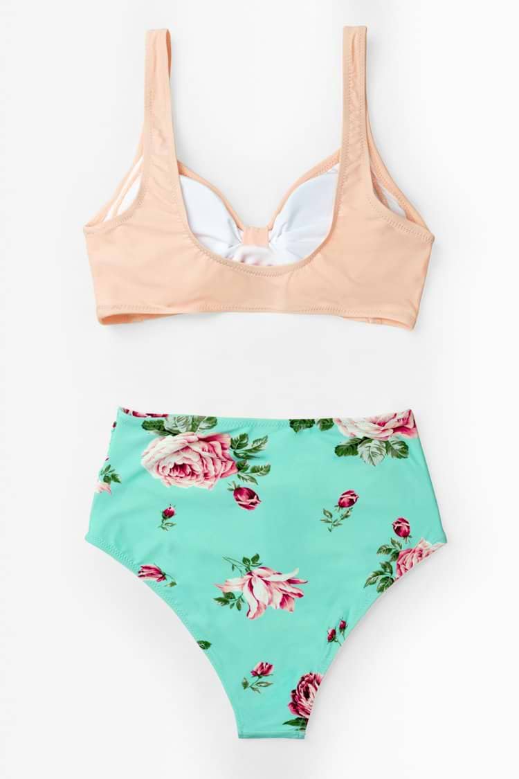 Pfirsich und Tiffany Blaue Blumen High-Waist Bikini