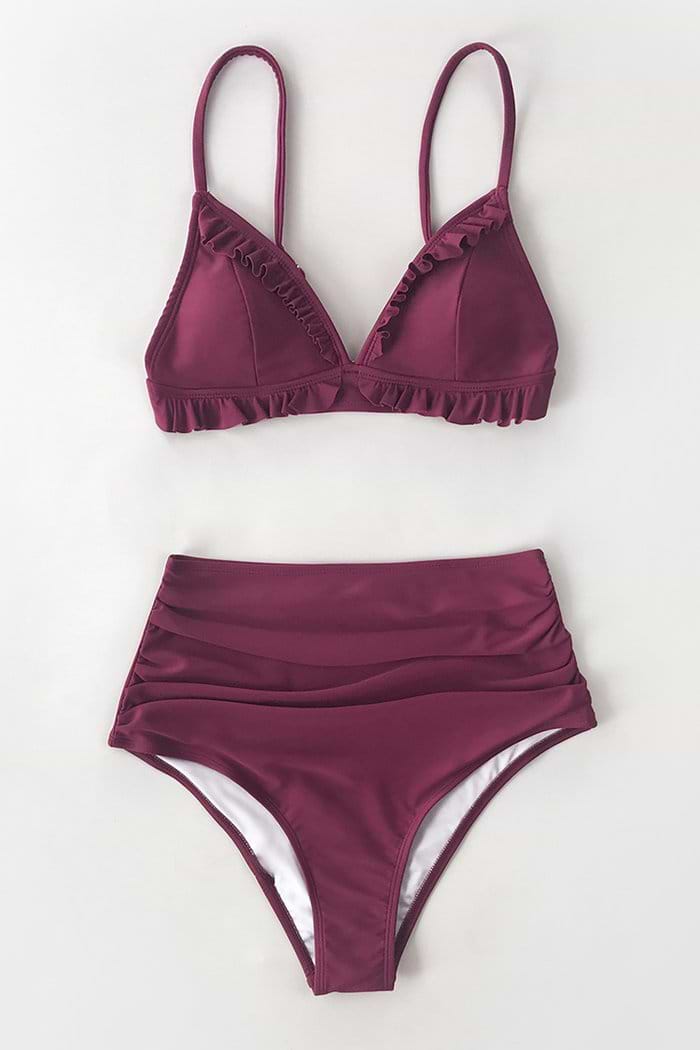 Burgunder gekräuselter High Waisted Bikini