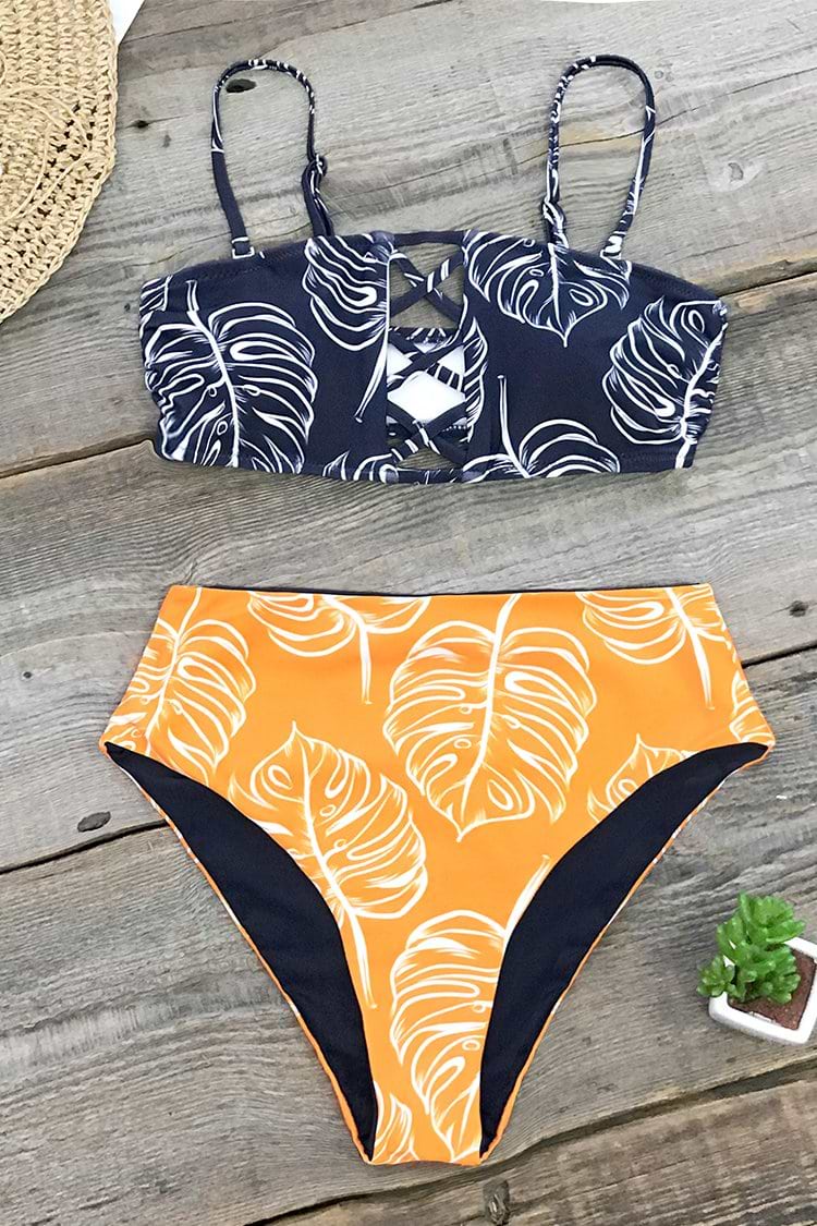 Marine und Gelb Monstera Beidseitiger Bikini