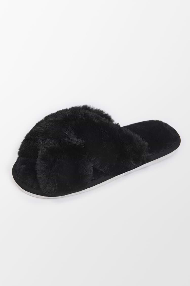 Chaussons duveteux à brides croisées noirs