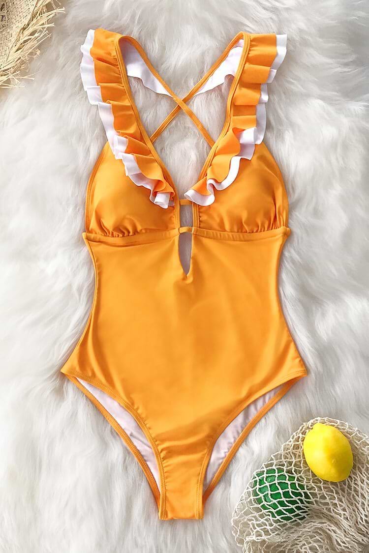 Maillot de bain une pièce croisé à volants jaune