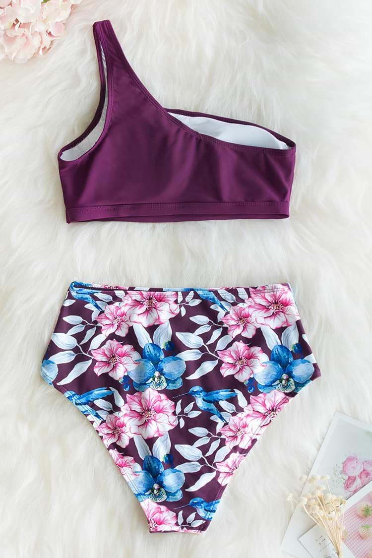 Blumen Zwetschge Ein Schulter High-Waisted Bikini