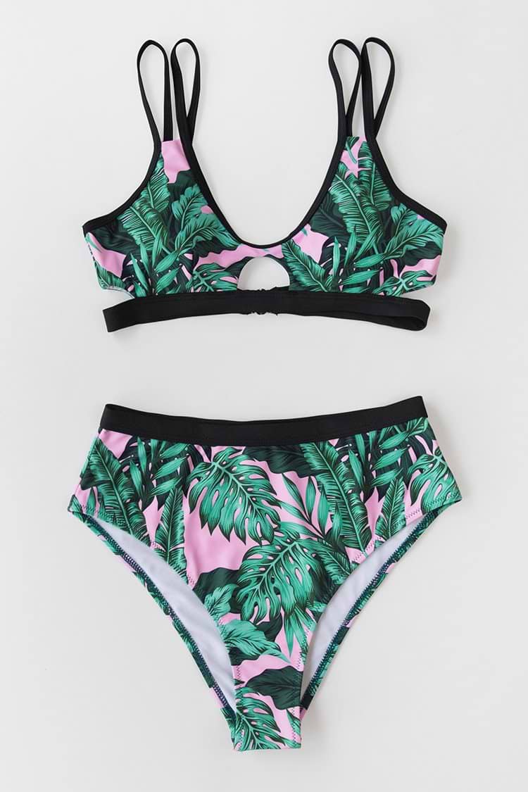 Bikini-Set mit Blätter-Muster und High-Waist