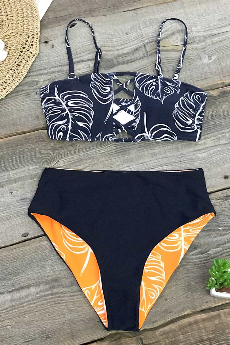 Marine und Gelb Monstera Beidseitiger Bikini