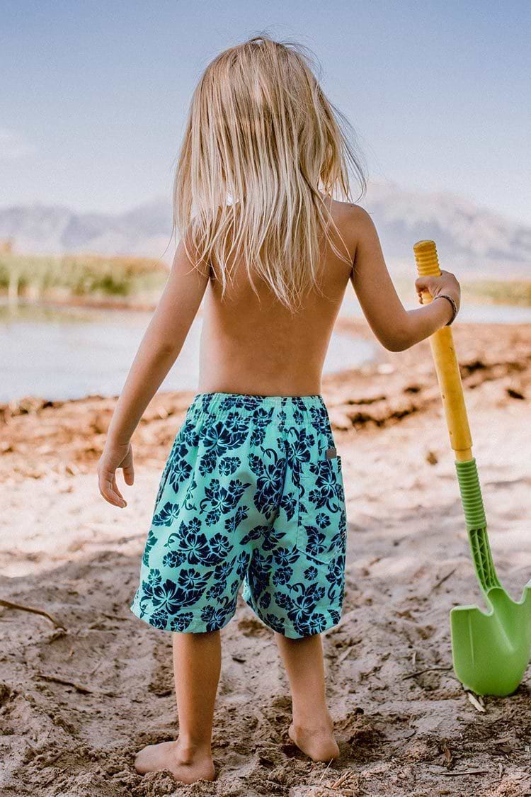 Maillot de bain imprimé feuilles bleu et noir pour garçons