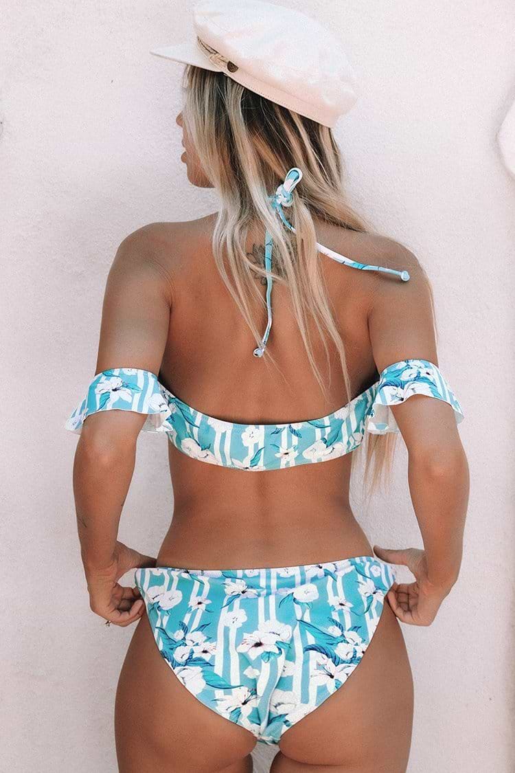 Bikini à épaules dénudées à rayures florales bleu et blanc