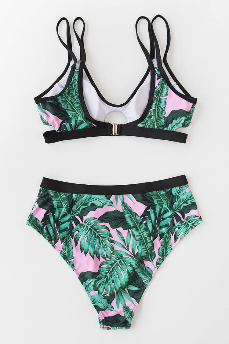 Bikini-Set mit Blätter-Muster und High-Waist